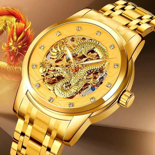 Classic Fashion Dragon Gold Skeleton Automatic Mechanical Men Watch