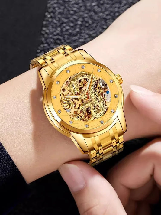 Classic Fashion Dragon Gold Skeleton Automatic Mechanical Men Watch