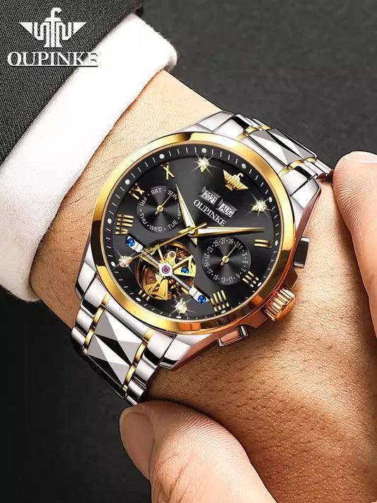 Swiss Branded Luxury Gold Automatic Multifunctional Skeleton Men Mechanical Watch