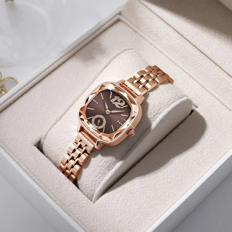 Classic Fashion Rose Gold Square Women's Quartz Watch with Diamonds