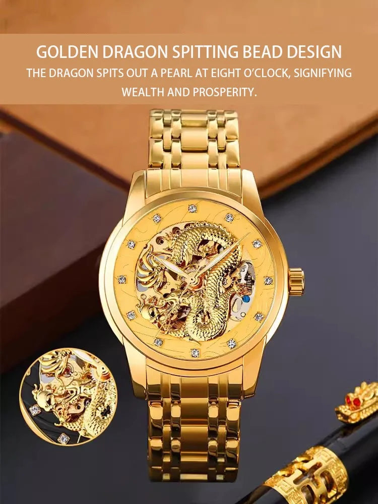 Classic Fashion Dragon Gold Skeleton Automatic Mechanical Men Watch