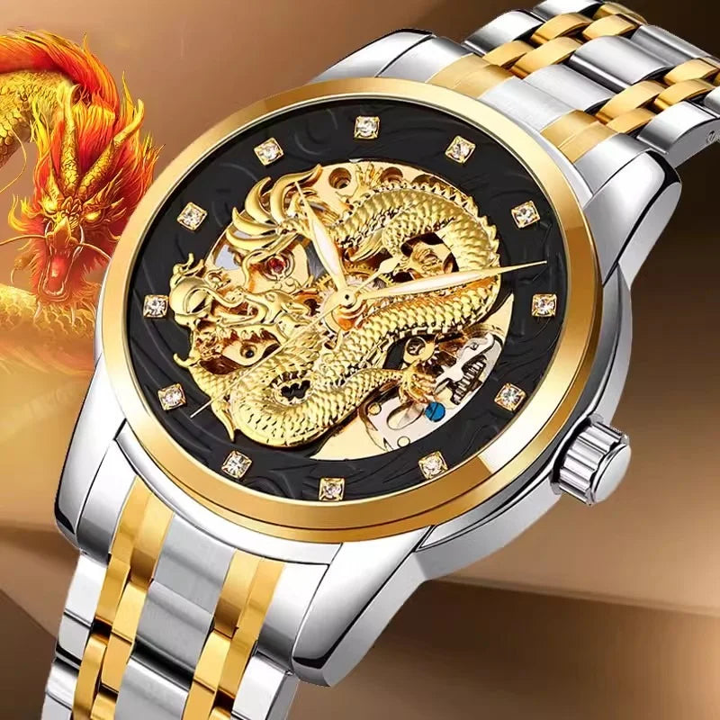 Classic Fashion Dragon Gold Skeleton Automatic Mechanical Men Watch