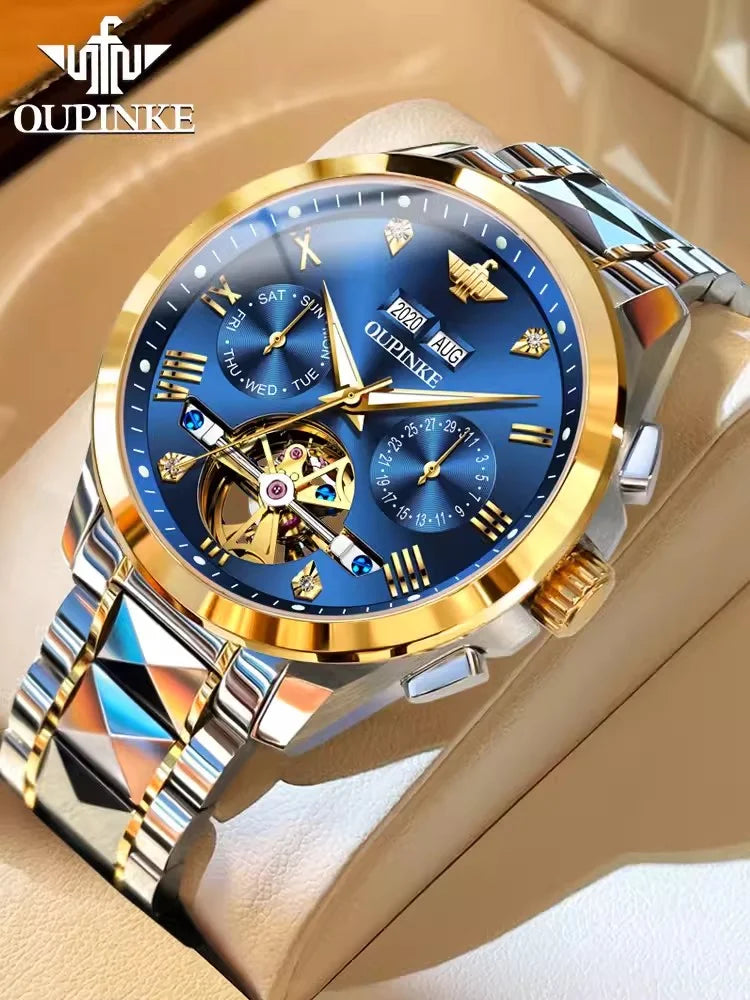 Swiss Branded Luxury Gold Automatic Multifunctional Skeleton Men Mechanical Watch