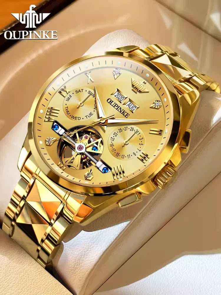 Swiss Branded Luxury Gold Automatic Multifunctional Skeleton Men Mechanical Watch