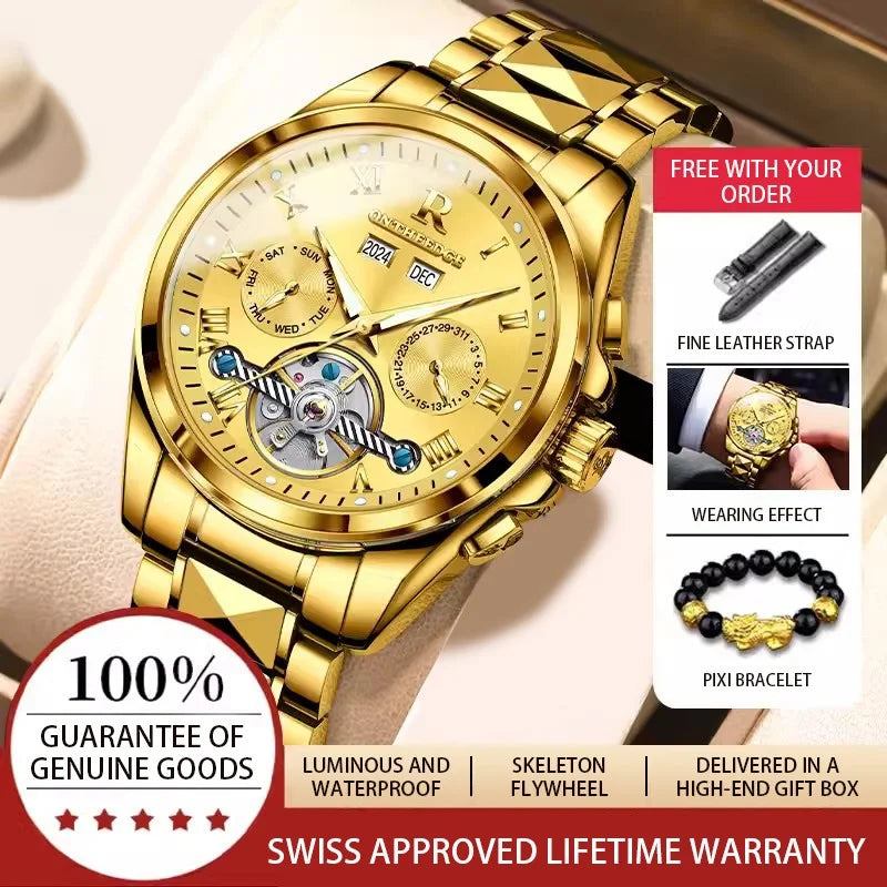 Classic Fashion Gold Mechanical Swiss Automatic Skeletone Brand Men Watches